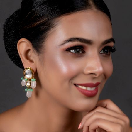 Mirror Oval & Teardrop Earrings with Green & White Beads Pair